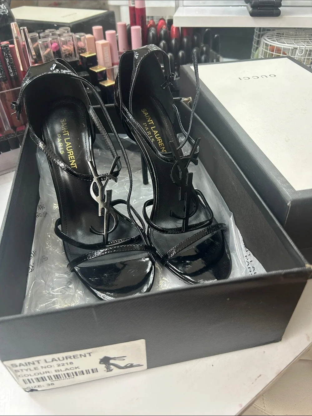 Saint Laurent Black Patent Lace-Up YSL Sandals - Picture 2 of 3